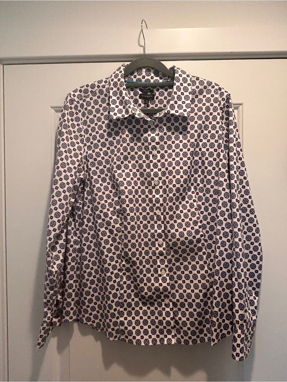 Talbots White Button-Down Shirt with Blue and Burgundy Medallion Print
